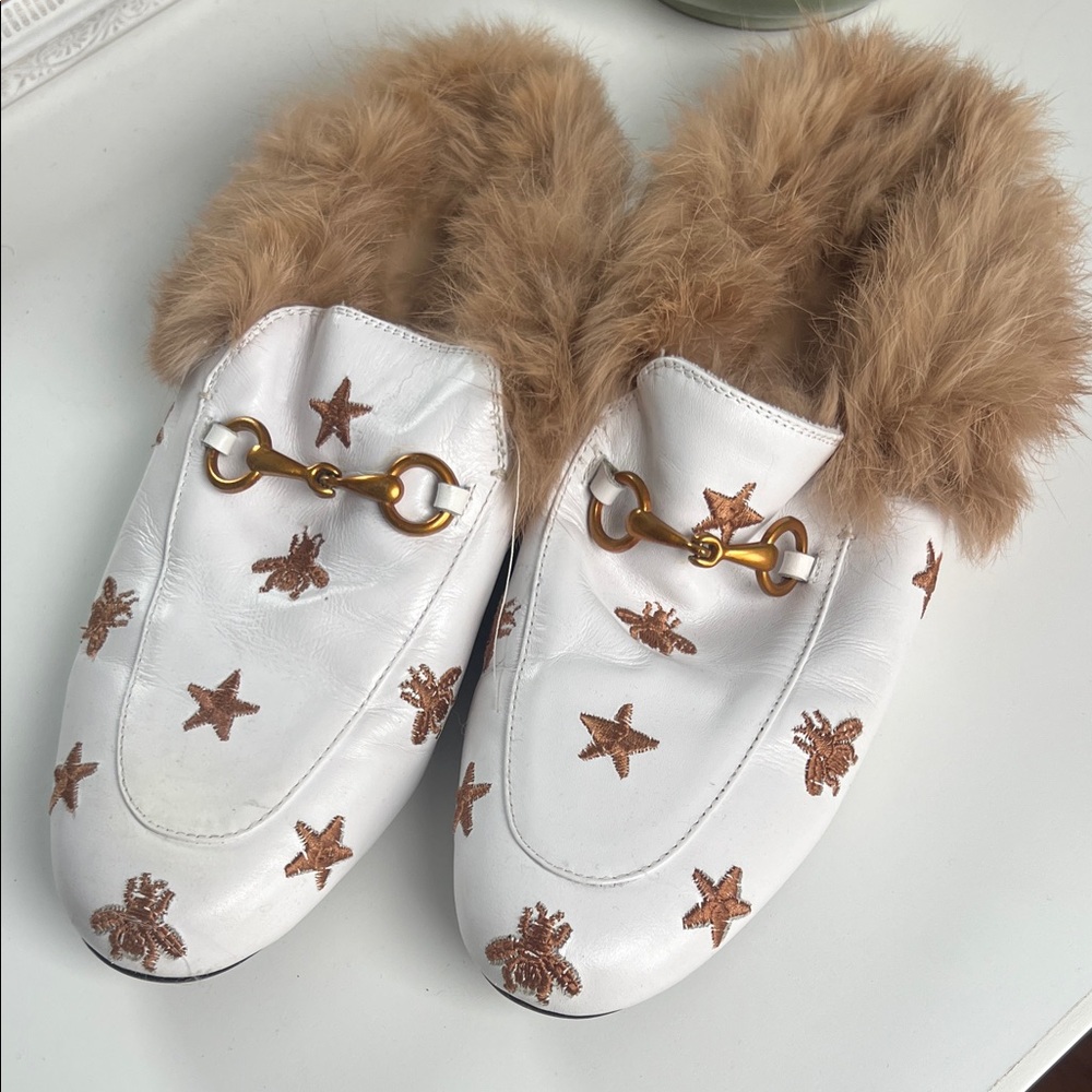 Women's White and Brown Embroidered Loafers